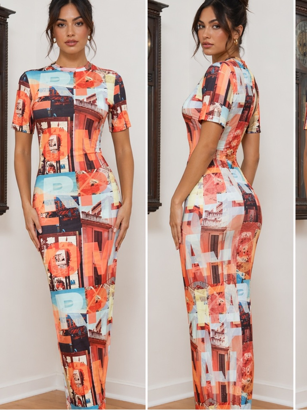 Peppermayo Graphic Print Bodycon Maxi Dress Cityscape Typography Stretch,Size 4 - Picture 6 of 12